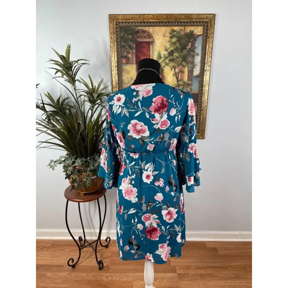 Pink Lily Dress Womens Medium Blue Floral Print Bell Sleeve Cottagecore Boho - Picture 3 of 9